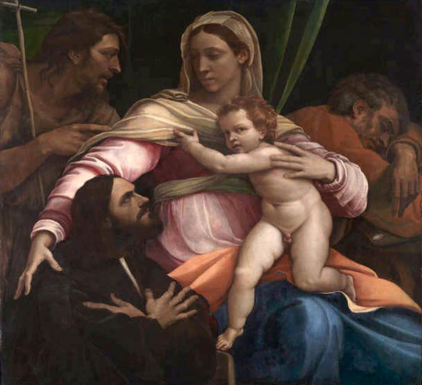holy family with saint john the baptist and a donor